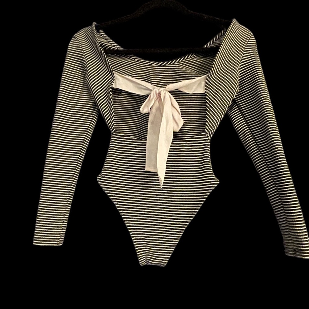 Topshop Black & White Striped Long-Sleeve Bodysuit with Bow